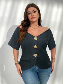 delgada de estilo elegante con botones metálicos, hombros descubiertos y ajuste ceñido, ideal para uso diario, oficina, graduación, regreso a clases y atuendos de maestras en primavera/verano y otoño/invierno para mujeres de talla grande - Gris Oscuro - Ver 4