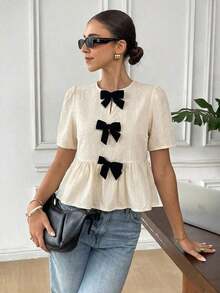 Blusa de cuello redondo con manga corta, volantes en el bajo y decoración de lazo para mujer - Albaricoque - Ver 4