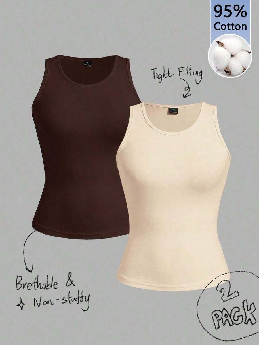 2 piezas de camiseta de tirantes de mujer de ajuste ceñido con estampado minimalista de letras de California en negro y blanco - 95% algodón, para primavera y verano, uso en todas las estaciones, vuelta al colegio, ropa de casa y deporte, estilo re - Multicolor 3 - Ver 1
