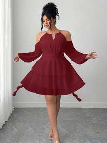 Vestido de mujer con mangas acampanadas y hombros descubiertos - Burdeos - Ver 4