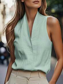 Camiseta sin mangas casual/de trabajo para mujer, estilo europeo y americano, ropa de ocio elegante en beige, azul, rosa, verde para el verano - verde menta - Ver 3