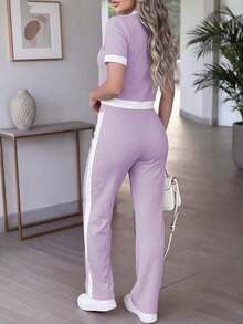 Conjunto de ropa casual para mujer, diseño de bolsillo falso con botones de color contrastante, cuello redondo, manga corta, emparejado con pantalones cómodos de cintura alta y drapeado, elegante para primavera/verano - Morado claro 66 + blanco - Ver 3