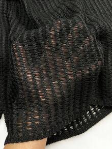 Vestido corto tipo capa de unicolor, informal, fresco, para vacaciones y playa, con adorno de encaje, de manga larga para mujer, para primavera/verano - Negro - Ver 8