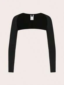 Blusa de manga larga ajustada y corta de unicolor para mujer - Negro - Ver 11