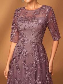 Elegante y lujoso vestido gris de encaje con escote en V, manga corta transparente y silueta evasé, con bordados de cuentas de strass, adecuado para bodas, fiestas, vacaciones, galas, eventos de noche, vestido de madre de la novia, Día de San Valent - Rosa vieja 2 - Ver 8