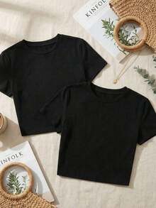 Camiseta de mujer de manga corta, cuello redondo, ajuste ceñido, estilo casual para primavera y verano, camiseta de mujer, top básico de mujer, top corto, top para exteriores en color blanco - 2 piezas negras - Ver 2