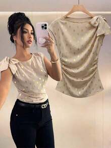 Blusa con lazo plisado de satén sólido, elegante, con lunares en color albaricoque y dorado, Camisa de lunares burdeos y dorado, Blusa con lazo de lunares burdeos, Blusa formal, Camisa de lunares albaricoque y dorado, Blusa de verano elegante con - Albaricoque - Ver 9