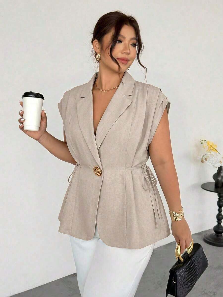 de traje delgada de botón de metal casual y elegante a juego para mujer talla grande, de lino marrón/Chaqueta de traje de imitación de lino/Blusa con lazo plisado/Ropa casual de negocios para mujer/Ropa de maestra/Ropa retro para mujer/Co - Albaricoque - Ver 1