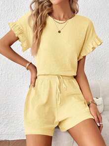 Top de manga con volante & Shorts de cintura con cordón - Amarillo - Ver 3