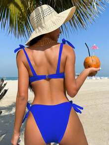 Conjunto de bikini de dos piezas de unicolor para mujer para la playa de verano - azul real - Ver 2