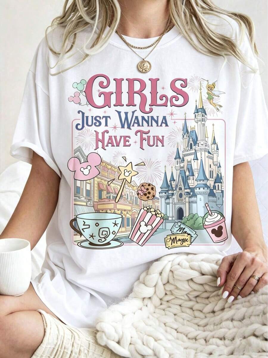 Disney Cartoon Pink Girl Castle Printed T-Shirt, Suitable For Daily Wear, Easy To Wear In Summer, Micro-Elastic, Soft Round Neck Casual Daily Shirt, Round Neck Summer Sweatshirt, For Both Men And Women, Loose Version, Holiday Gift.--Disneys Disneyland Paris The Magic Kingdom Disneyesque The House Of Mouse Mickey Mouse Empire Modest Summer Outfits Take That T Shirt Summer Coord Tops For Women Summer Summer Clothes Women Summer Clothes Summer Tops Summer Tops Women Summer Co Ord Summer Top Summer Outfits White Top Black Top Holiday Outfits For Women  Tops For Women Summer Holiday Gifts Valentine's Day Gifts Earth Day Gifts Oktoberfest Gifts Summer Bank Holiday Gifts - White - View 1