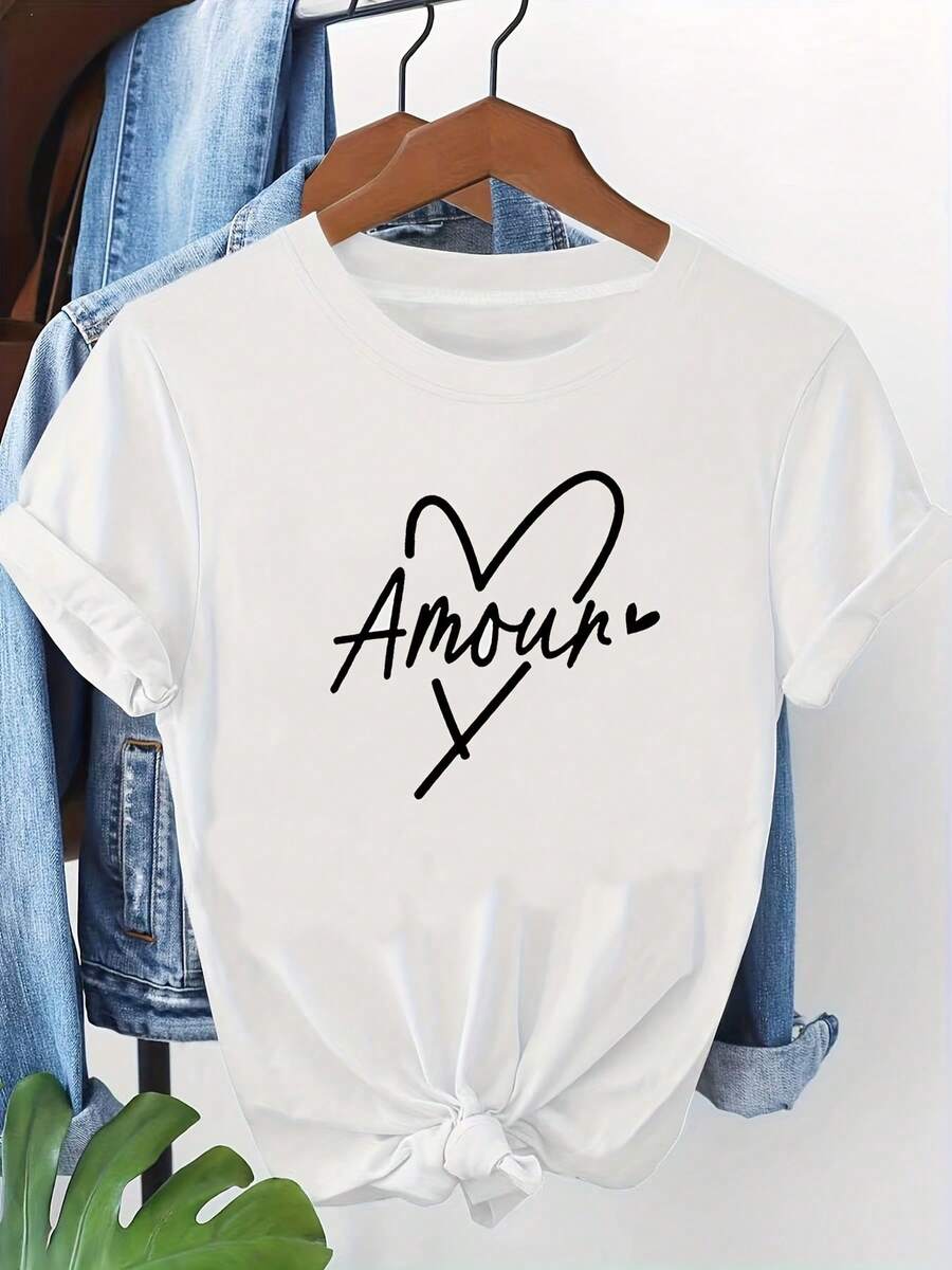 Camiseta de mujer con estampado de corazón francés Amour, camiseta blanca de manga corta y cuello redondo - lavable a máquina, adecuada para primavera, verano y otoño, estilo casual, ajuste cómodo, diseño elegante, ideal para uso diario versátil, tela suave. - Blanco - Ver 1