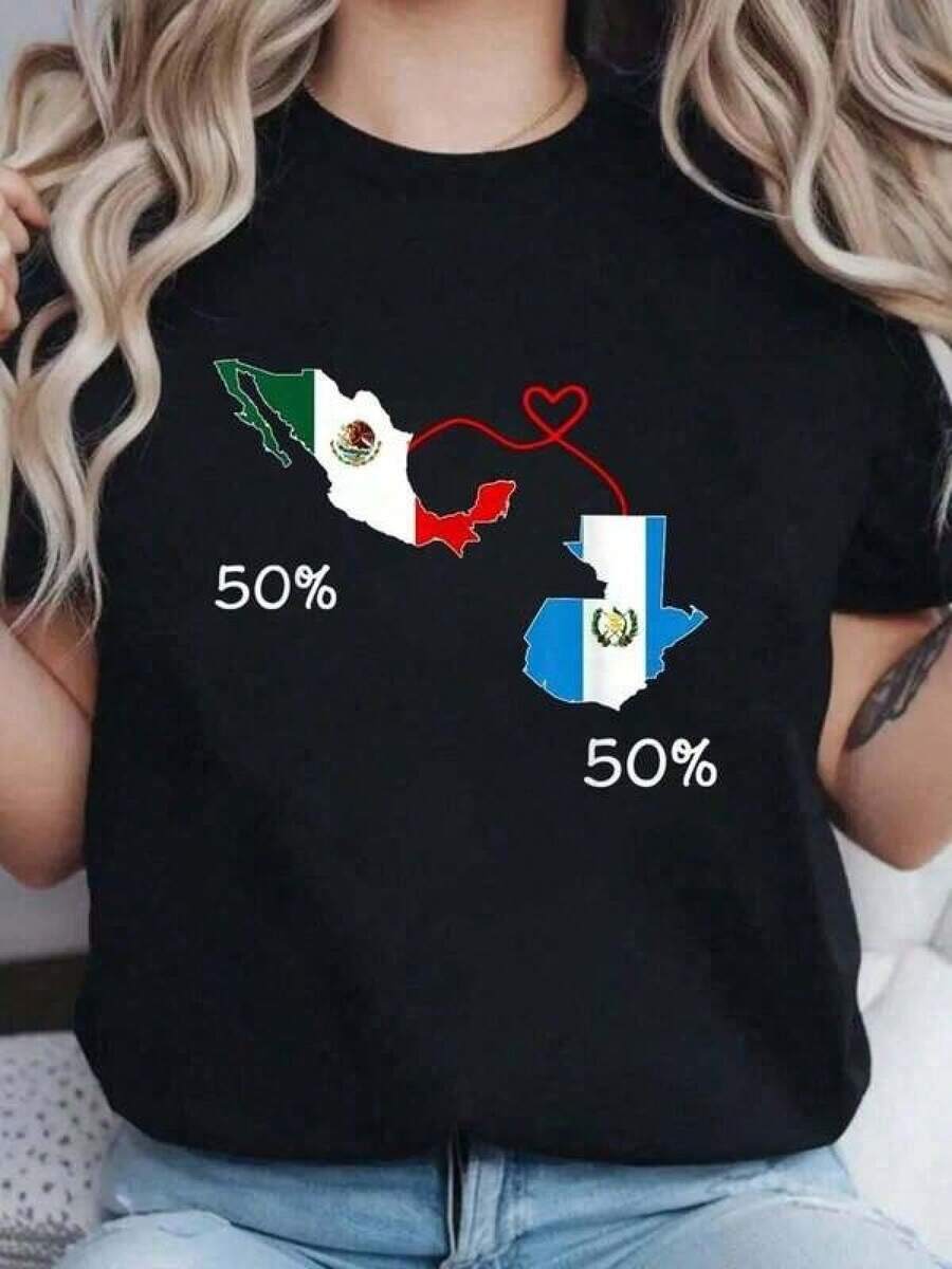 1 pieza Camiseta con estampado de mapa de bandera mitad mexicana mitad guatemalteca, camiseta de cuello redondo para verano, top de manga corta suave para mujeres, camiseta cómoda y elegante para mujeres, camisetas gráficas 180g 100% algodón - Negro - Ver 1