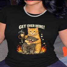1 pieza de Playera corta 100% algodón, cuello redondo casual con estampado, imprimación divertida y adorable para gatos, manga corta transpirable para uso diario - Negro - Ver 2
