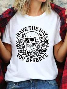 Women's Casual Cotton T-Shirt, Short-Sleeved, With A Skull And Flower Print, Round Neck, Washable, Comfortable, Soft, And Suitable For All Seasons. Loose-Fitting Casual Wear For Women, Suitable For Everyday Wear, Simple And Versatile, Perfect For Parties, Dates, Gifts, Vacations, And Travel. One Piece. Versatile Style Suitable For Summer. - 白色的 - 查看 6