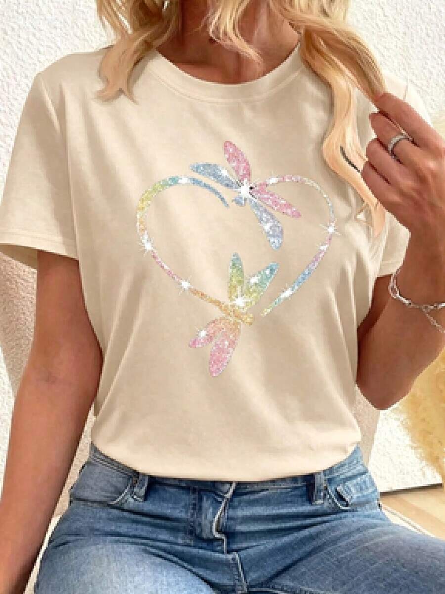 This Casual T-Shirt Features A Simple Print, A Round Neck, And Short Sleeves. The Classic, Basic Design Is Universally Flattering, And The Loose, Relaxed Fit Feels Comfortable And Breathable. The Fine, Soft Texture Is Soft Against The Skin And Breathable, So It Won't Pill Or Lose Its Shape Over Time. The Subtle, Elegant Print Design Is A Must-Have For Summer. This Versatile Piece Pairs Perfectly With All Kinds Of Bottoms-You Can't Go Wrong. - 米色 - 查看 1