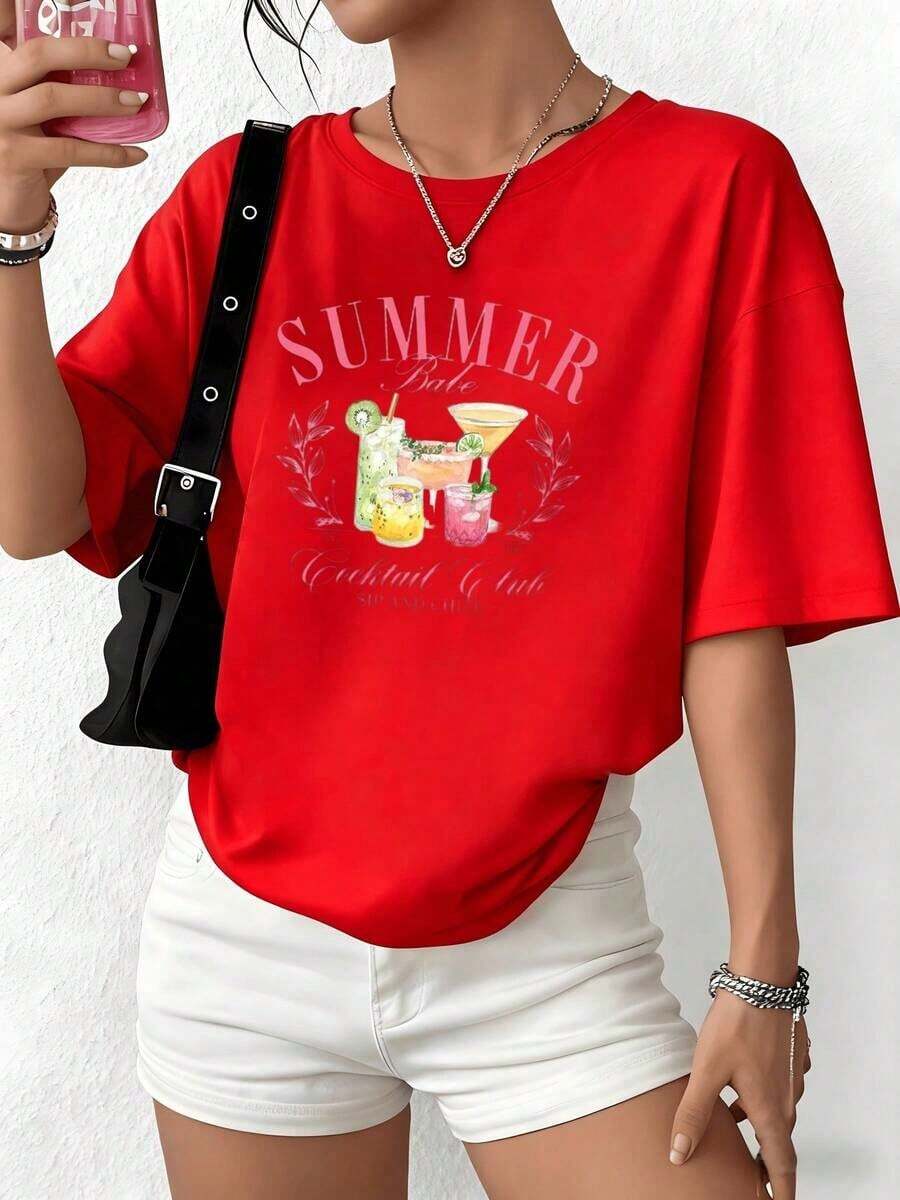 100% Cotton. Illustration Of Colorful Tropical Drinks Conveying Summer Freshness And The Joy Of Relaxed Leisure In The Sun. Women's 100% Soft And Comfortable Cotton T-Shirt. Women's Simple Solid Color T-Shirt, Loose And Slim Fit Casual Short Sleeve - 紅色的 - 查看 1