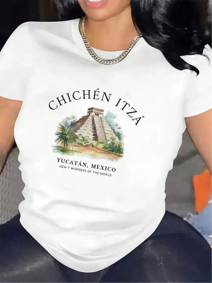 Polyester T-Shirt With A Chichen Itza, Yucatan, Mexico Design, Ideal For Travel, Durable And Lightweight, Perfect For Indoor And Outdoor Activities, Comfortable Fit, Casual Wear For Men And Women, Stylish Graphic T-Shirt, Suitable For Spring, Summer And Autumn. - 白色 - 查看 1
