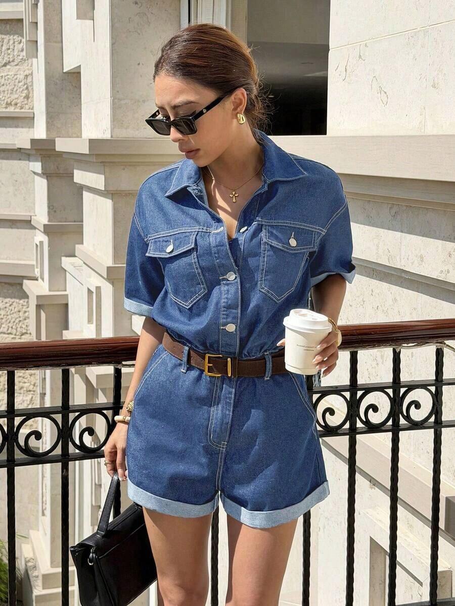 Mono vaquero de manga corta de moda callejera para mujer - Azul - Ver 1