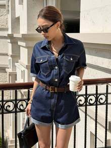 Mono vaquero de manga corta de moda callejera para mujer - Azul lavado oscuro - Ver 9