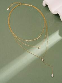ORSA JEWELS 1件 S925銀 14K金 3層 Y型 鋯石珍珠鏈條吊墜項鍊，奢華珠寶生日派對禮物，適合女性與男性 - BQN35 - 查看 4