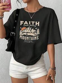 Women's Oversized Loose Casual T-Shirt, Stylish Graphic Print "Faith Can Move Mountains", 100% Cotton, 1 Piece, Loose Fit, Mountain Aesthetic, For Everyday Wear. New Summer T-Shirt For Women, Casual And Comfortable Crew Neck Top, A Hit. - 黑色 - 查看 7