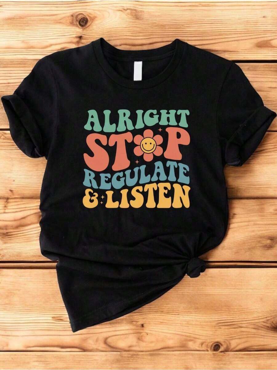 Camiseta de manga corta con cuello redondo para mujer, con estampado en inglés, suave y fluida, adecuada para uso diario, oficina, escuela, vacaciones, camping, de estilo versátil, las mangas cortas hacen que tu verano sea más vibrante y colorido. - Negro - Ver 1