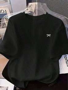 Loose-Fitting Short-Sleeved Blouse With A Bow Print And Wide Shoulders, Made Of Wrinkle-Resistant Cotton. Women's T-Shirts, Women's Blouses, Casual Blouses For Ladies - 黑色 - 查看 6