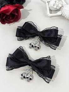2pcs Pinces à cheveux style gothique avec ruban de dentelle et crâne, convenant pour les costumes de vacances et le port quotidien pour les passionnés de gothique, barrette à cheveux - Noir - Voir 5