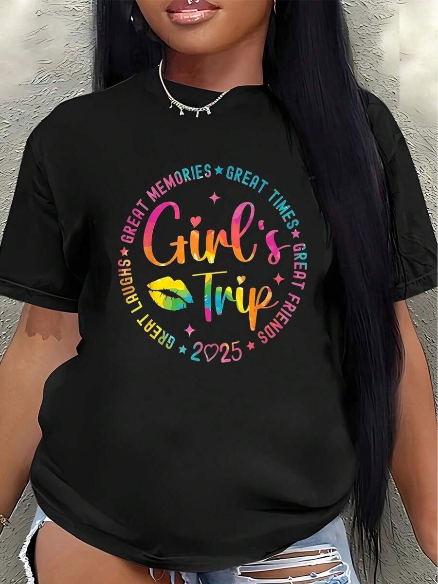 Women's Short-Sleeved T-Shirt, Style 2026, Made Of Polyester, With A Fun Rainbow Design And The Print "Beautiful Memories, Wonderful Moments". Lightweight And Comfortable, It's Suitable For Vacations, Parties, Or Everyday Wear, Ideal For Group Trips And Celebrations. Women's Blouses > Clothing - 黑色 - 查看 1