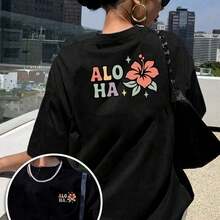 Camiseta de Mujer% Algodón: Imprescindible para el Verano, esta Elegante Camiseta de Manga Corta Presenta Estampados de Inspiración Hawaiana. una camisa casual para mujer cómoda y bien ajustada con un diseño clásico. - Negro - Ver 8