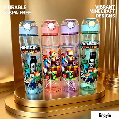  Bouteille d'eau Minecraft Trails & Tales avec paille - Tasse à eau en plastique transparent avec impression de personnage pixel, couvercle à rabat à ouverture d'un clic et paille intégrée, conception étanche, 4 options de couleurs pastel, convient pour l'école, les voyages et l'hydratation quotidienne