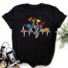 Women's Short-Sleeved T-Shirts, 100% Cotton, Round Neck, New Harajuku T-Shirt With Fun Musical Note Design, Fashionable Women's T-Shirt, Music T-Shirts, Short Sleeve, Black T-Shirt, Casual T-Shirts For Ladies. - 黑色 - 查看 4
