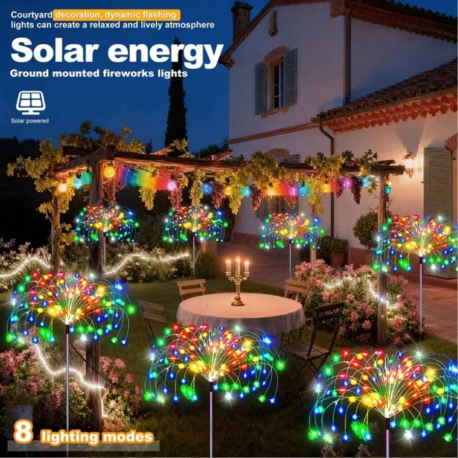 Solar Powered Firework Decorative Lights, 8 Lighting Modes, Suitable For Yard/Garden/Villa Pathway Outdoor Lighting, Smart Sensor - Light Sensor And Auto Brightness Adjustment