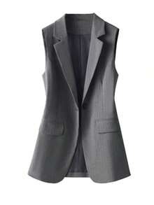 Chaleco blazer regular de mujer con parches a rayas y un solo botón, unicolor con bolsillo y botón, para uso en oficina en primavera - Gris - Ver 3