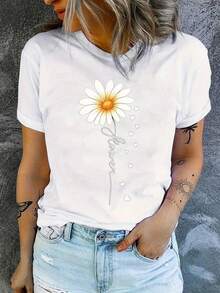 Women's Casual Floral Print Blouse, Round Neck, Spring-Summer Fashion, Floral Print Blouse, White Daisy Print, Non-See-Through Fabric, Short Sleeve Blouse For Women With Round Neck, Ombre Daisy And Butterfly Print, Slightly Stretchy, Pretty Blouses For Women - 白色 - 查看 1