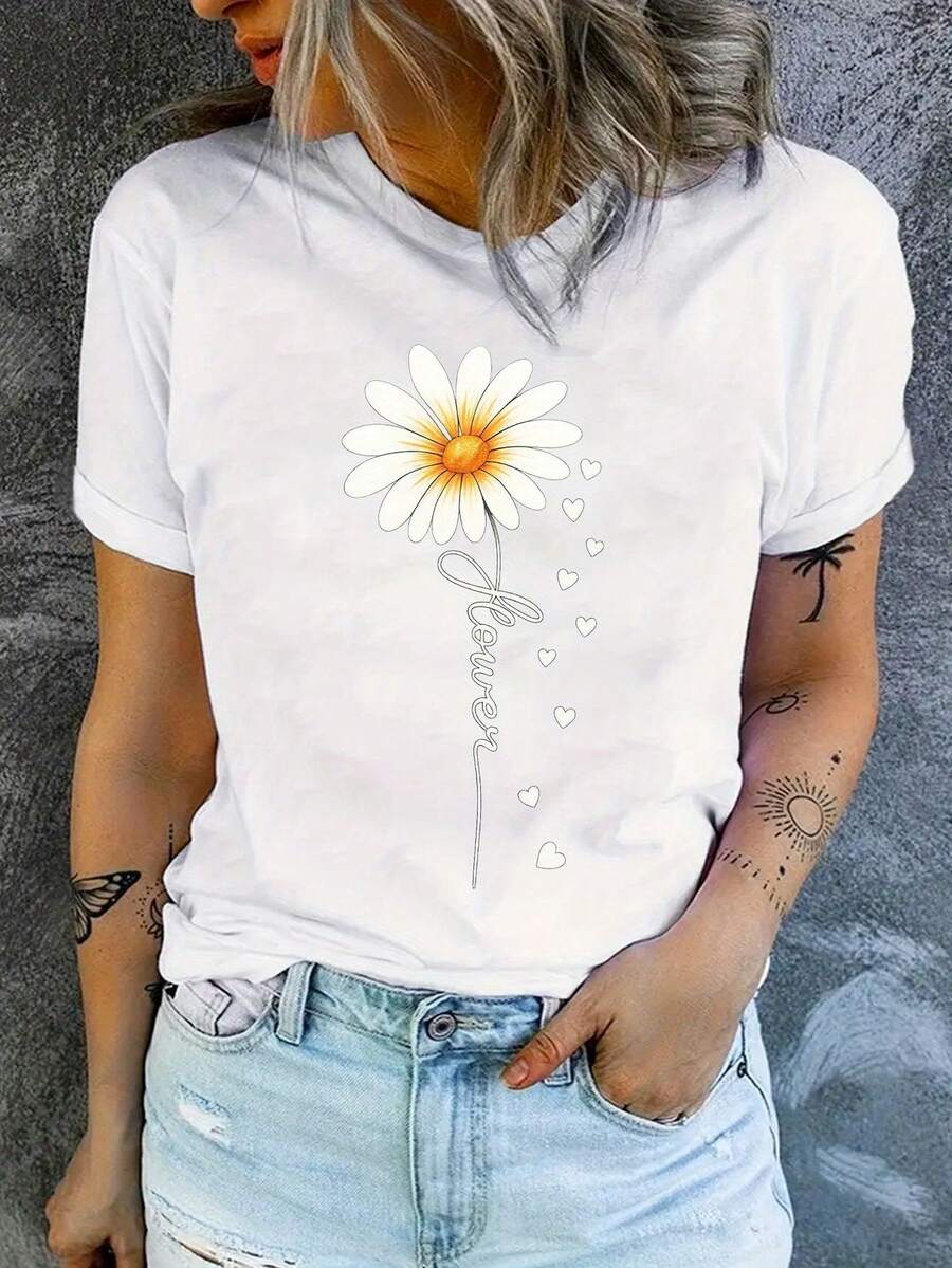 Women's Casual Floral Print Blouse, Round Neck, Spring-Summer Fashion, Floral Print Blouse, White Daisy Print, Non-See-Through Fabric, Short Sleeve Blouse For Women With Round Neck, Ombre Daisy And Butterfly Print, Slightly Stretchy, Pretty Blouses For Women - 白色 - 查看 1
