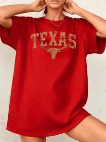Women's T-Shirt With Texas Bull Graphic Print, Texas State Pride, 100% Cotton, Crew Neck, Casual Everyday Style, 1 Piece. They Are Excellent Gifts For Friends And Family. - 紅色 - 查看 1
