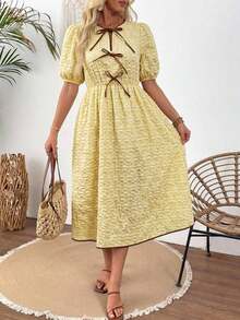 Versatile And Easy-To-Match Casual Dress With Striped Color Blocks And Bow Embellishment For Women - 黃色 - 查看 5