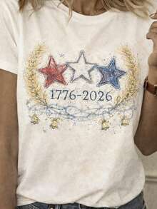 Premium Quality Graphic Tee, Plus Size Women's Clothing For Mother's Day, Plus Size Women's T-Shirt, Casual Short Sleeve Round Neck Top, Medium Stretch Fabric, Machine Washable, Comfortable Fit For All Seasons, Women's T-Shirt, Unique 2D Flat Print T-Shirt, Comfortable Fit Vintage T-Shirts. - 白色 - 查看 1
