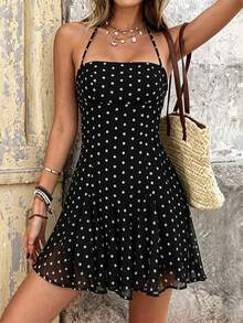 Damen Schwarzes Polka Dot V-Ausschnitt Ärmellos Mini-Kleid, Elegant Strandurlaub, Party Musikfestival Valentinstag Date Romantisch - Schwarz - Übersicht 5
