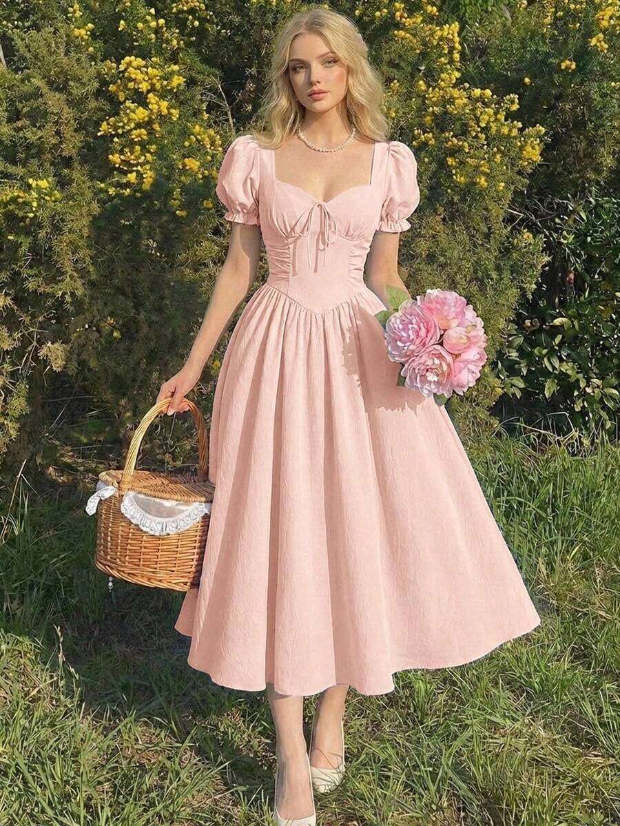 MOD Vestido elegante de longitud media con mangas cortas de pétalos y lazo delantero de unicolor para mujer - Gris - Ver 1