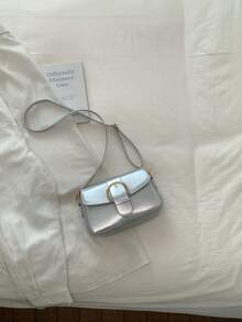 Bolso de mano pequeño con solapa para mujer, bolso cuadrado con decoración de hebilla de metal de moda, bolso de hombro y bandolera - Plateado - Ver 6