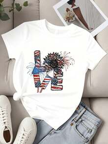 Women's Fashion T-Shirt With American Flag And Fireworks Print, Patriotic, For Independence Day Celebration, Casual Summer Top, Women's T-Shirts - 白色 - 查看 3