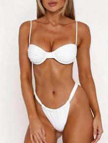 Women's Ruched Underwire Bikini Set, Balconette Top  High Cut Bottom Swimwear - White - View 1