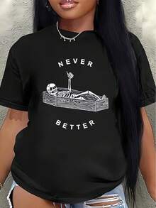 Camiseta de manga corta de poliéster, decorada con un diseño de calavera con la frase "Never So Beautiful", ligera y duradera, adecuada para uso casual en casa o en restaurantes.blusa casual mujer - Negro - Ver 7