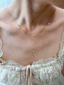 1pc Minimalist Elegant Water Drop Faux Crystal Pendant Multilayer Y-Necklace, Delicate Clavicle Chain, Versatile For Commuting, Great Gift - Gold - Multi-layered Y-shaped - View 5