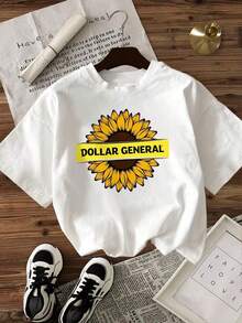 Women's Casual Crew Neck T-Shirt, Available In Black And White, Sunflower Print, Dollar General Style, Summer T-Shirts For Everyday Wear, Summer Tops, Graphic Tees, Women's Summer Sets, Women's Crop Tops, Casual Blouses For Ladies - 白色 - 查看 2