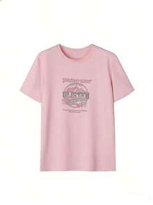 Pink Mountain T-Shirt With "GOLDEN WEST" Text,  Short-Sleeved T-Shirt For Spring And Summer 2026, Made In Mexico, 180 Grams. Cartoon Print, Couple Design, Suitable For Indoor Or Outdoor Wear. Crew Neck, Unisex, Ideal For Office And Leisure. One-Pack. - PK-P631577SLNDXZGY646 - 查看 2