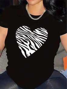 Short-Sleeved T-Shirt With A Zebra Heart Print, Made Of Durable, Lightweight, And Comfortable Polyester Fiber, Suitable For Casual Wear At Home, In Restaurants, Or For Outdoor Occasions. Elegant Party Outfit, Stylish Ladies' T-Shirt, Blouses Suitable For Curvy Women, Prom Skirts, Casual Wear. Adorable Animal Print, Fun Letter Print, Versatile Enough To Match Streetwear. - 黑色 - 查看 7